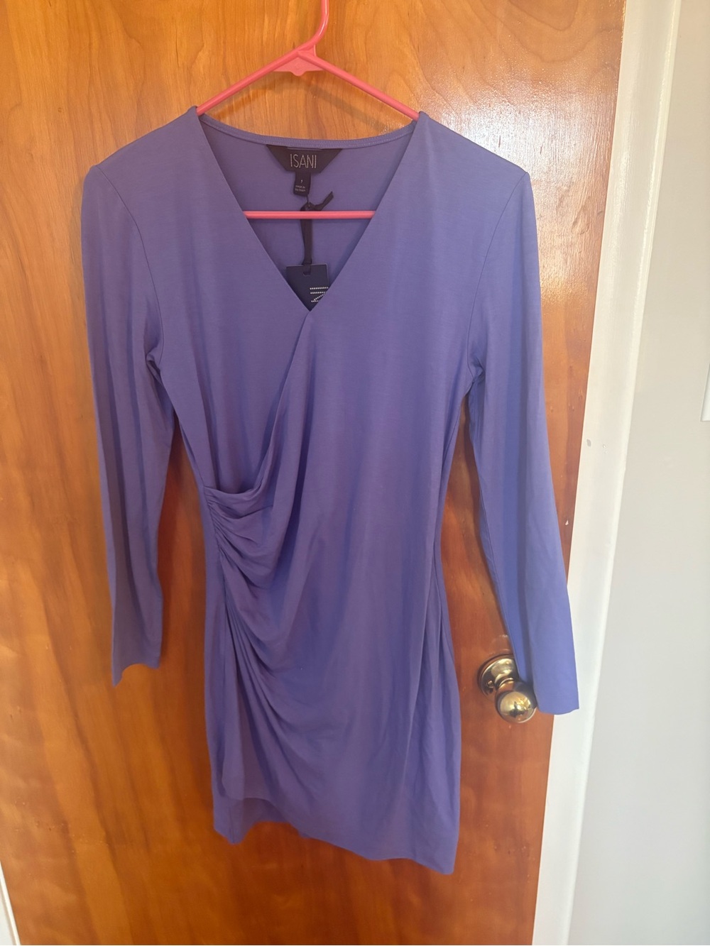 Isani Purple Ruched V-Neck Long Sleeve Dress